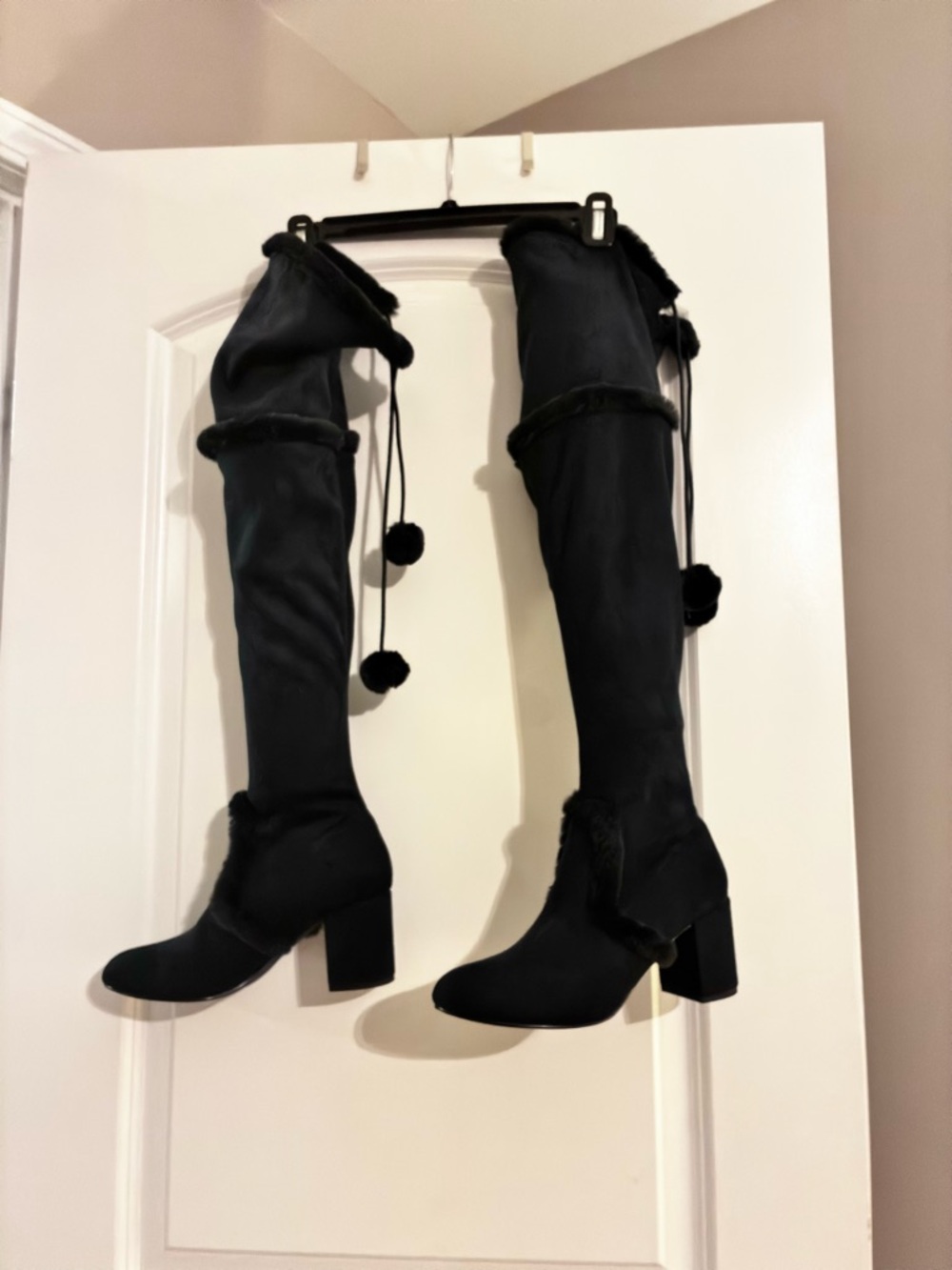 Charles David NAVY suede Over-the-Knee Block Heel Boots with Pom-Pom Tie